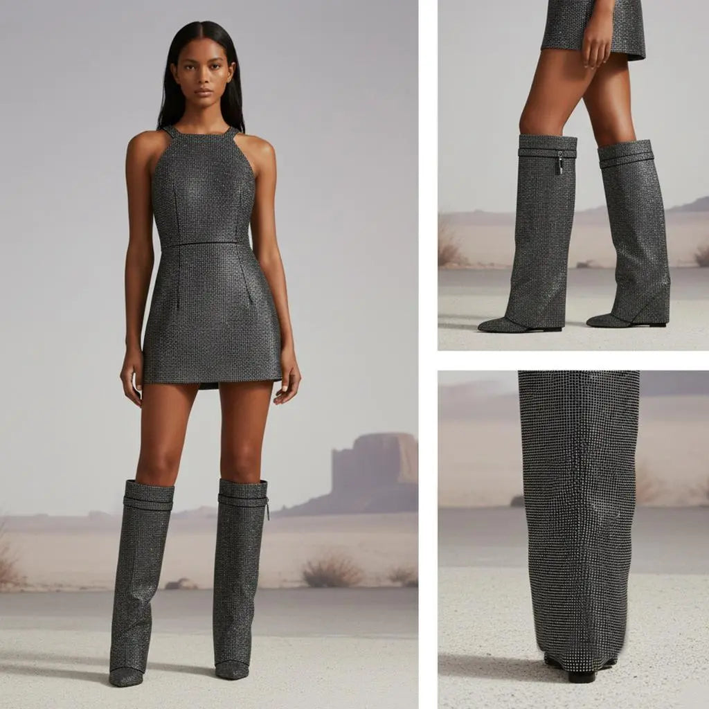 Tuhoomall Knee-High Wedge Boots with Rhinestones for Fashionable Outdoor Parties and Casual Style Tuhoomall