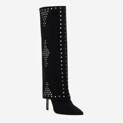Tuhoomall Stylish Over-The-Knee Foldable Boots with Stiletto Heels and Studded Design for Parties and Casual Outings