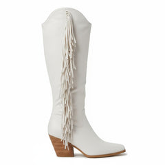 Tuhoomall Western Knee High Boots with Fringe, Round Toe, Chunky Heels for Stylish Casual Fashion, All Season Comfort