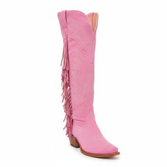 Tuhoomall Fringe Western Knee High Boots for Women, Soft Vegan Suede, Embroidered Design, Perfect for Vintage, Casual, and Party Wear