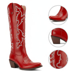 Tuhoomall Western Knee-High Boots for Fashion Casual Style with Embroidered Design and Chunky Heel, Ideal for Ranch and Outdoor Activities