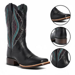 Tuhoomall Western Mid Calf Boots For Women, Chunky Heel, Square Toe, Embroidered Design, Slip-On, Fashion Casual, All Season, Rubber Sole
