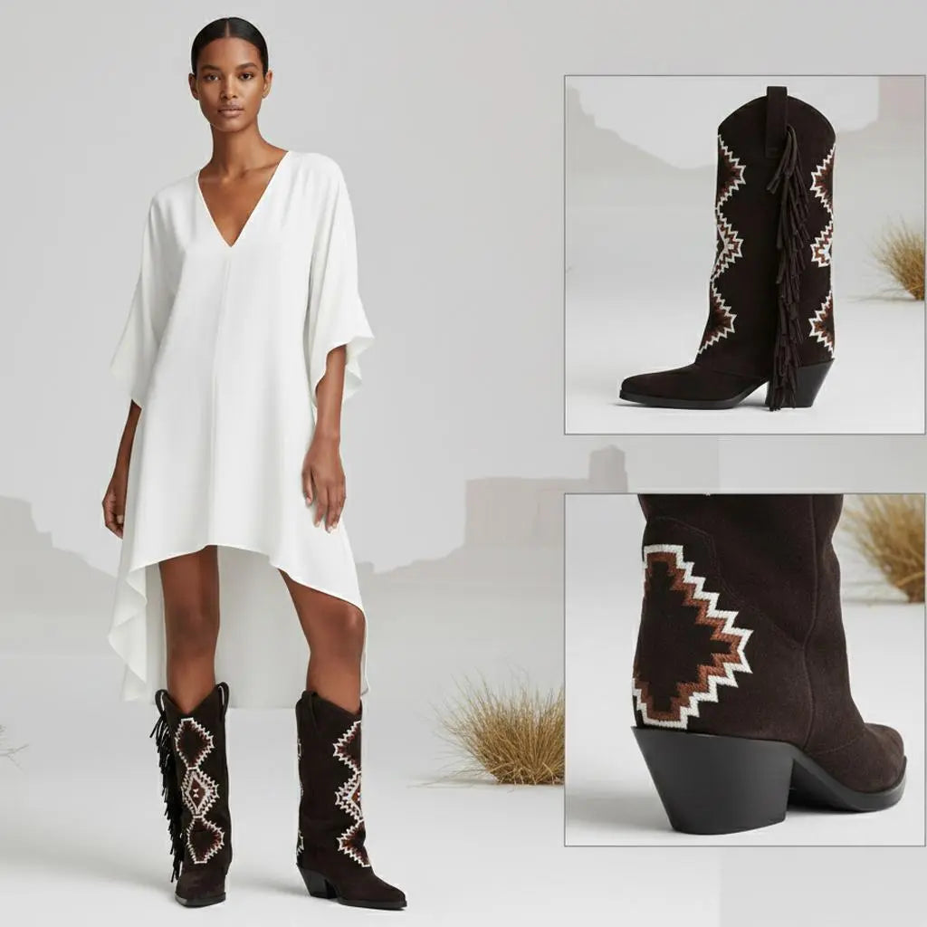 Tuhoomall Western Style Mid-Calf Booties with Colorful Geometric Patterns and Floral Embroidery - Perfect for Bohemian Chic Casual Outfits Tuhoomall