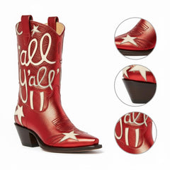 Tuhoomall Comfortable Western Boots for Fashion Parties and Daily Wear with Star and Letter Embroidery, Chunky Heel, Slip-On Design Tuhoomall