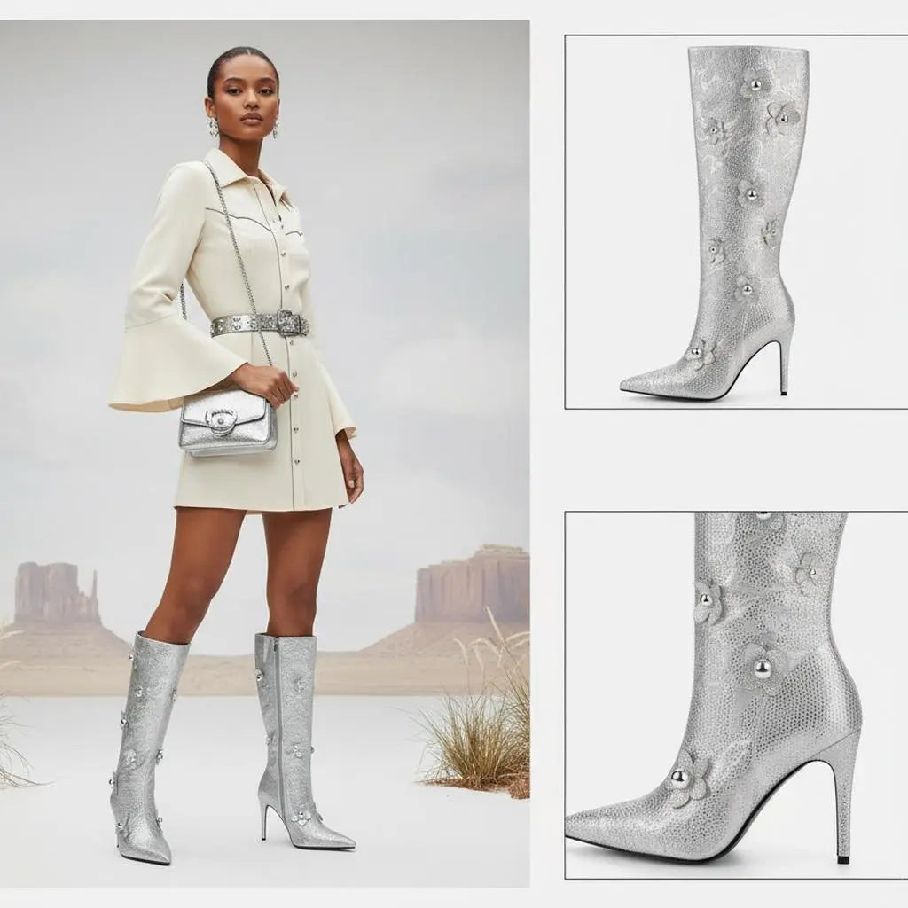 Tuhoomall Comfortable Rhinestone Embellished Knee High Boots for Parties, Performances, and Special Occasions with 9.5cm Stiletto Heel Tuhoomall