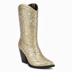 Tuhoomall Western Style Chunky Heel Boots for Women, 10cm Faux Suede with Rivet and Rhinestone Accents, Easy Zipper Closure for Parties and Performances