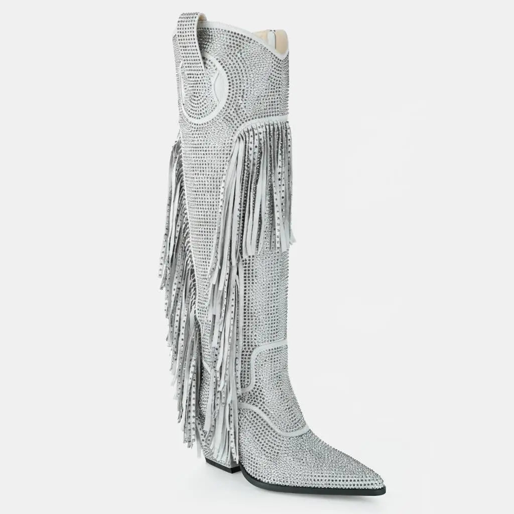 Tuhoomall Knee High Suede Boots For Women With Chunky Heel, Pointed Toe, Tassel And Rhinestones, Perfect For Fashion, Casual And Outdoor Wear Tuhoomall