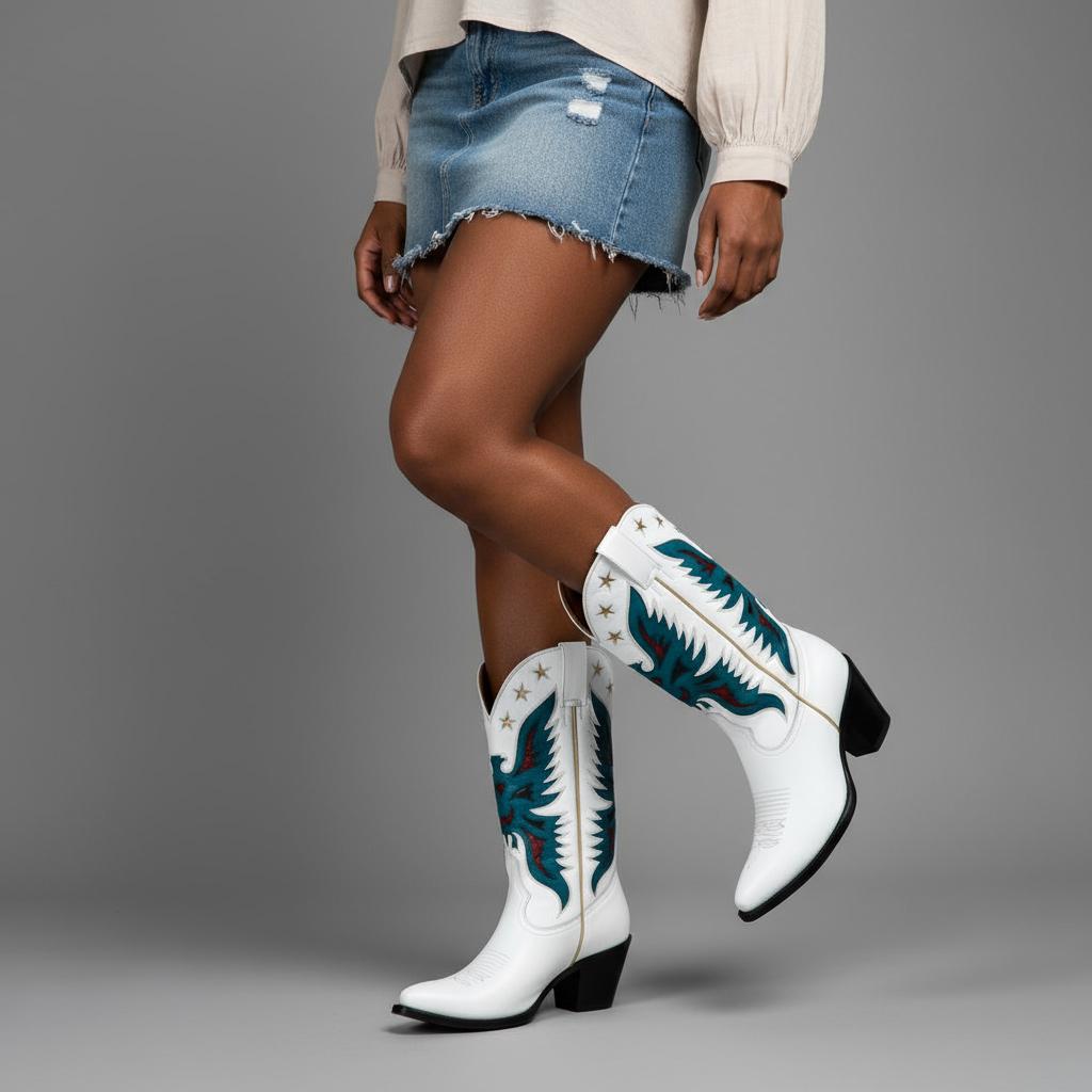 Tuhoomall Western Cowboy Boots for Women, Stylish Mid-Calf Chunky Heel, Unique Embroidered Animal Pattern, Perfect for Outdoor Casual Wear Tuhoomall