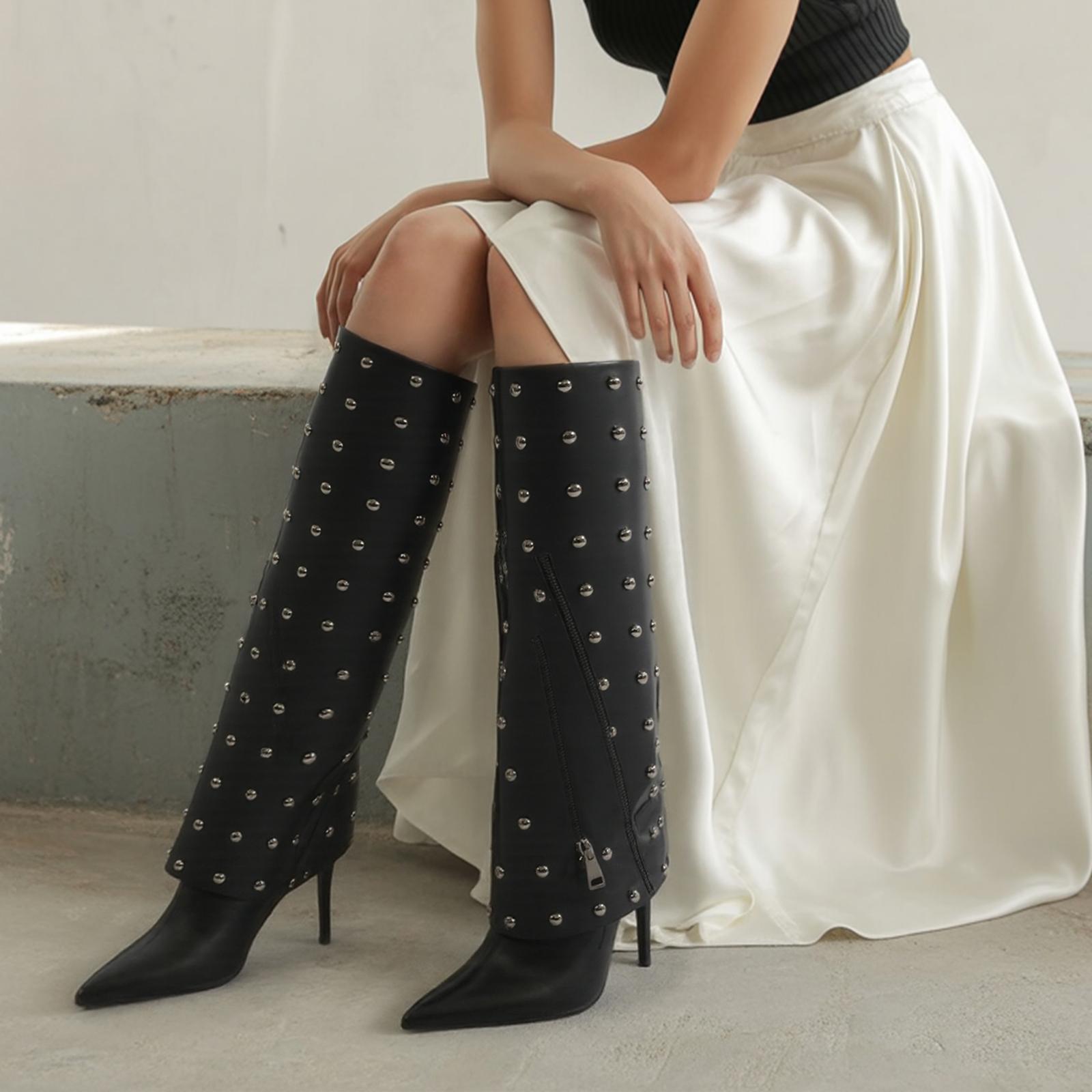 Tuhoomall Knee High Party Boots for Women, Two Piece Design with Studs and Zipper, Stylish High Heel 11.5cm, Perfect for Performances and Special Occasions