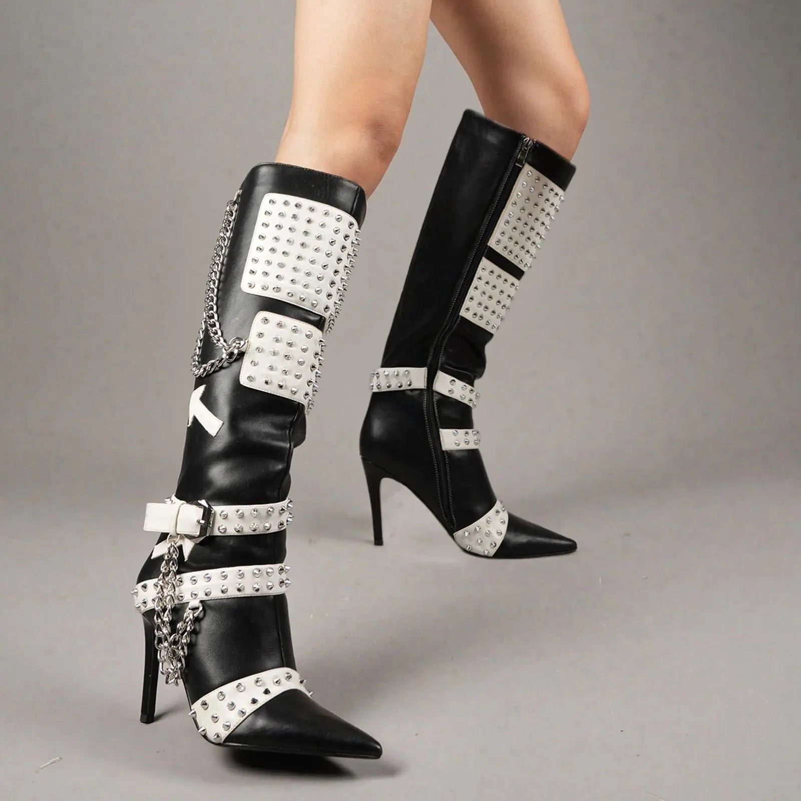 Tuhoomall Stiletto Knee-High Boots with Metallic Studs and Chic Design for Parties and Performances Tuhoomall