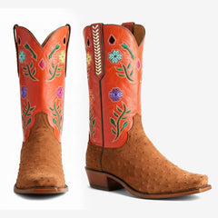 Tuhoomall Western Embroidered Mid-Calf Boots for Women, Chunky Heel Stylish Slip-On Casual Shoes
