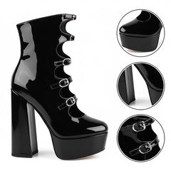 Tuhoomall Gothic High Ankle Boots for Parties and Performances, Thick Sole with Adjustable Strap, Durable Leather, 15.5cm Chunky Heels