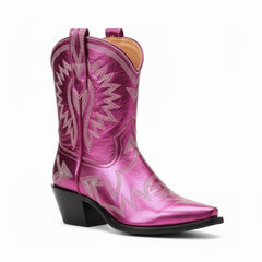 Tuhoomall Metallic Western Ankle Boots for Women - Stylish Slip-On Design with Embroidered Floral Pattern, Casual All-Season Footwear