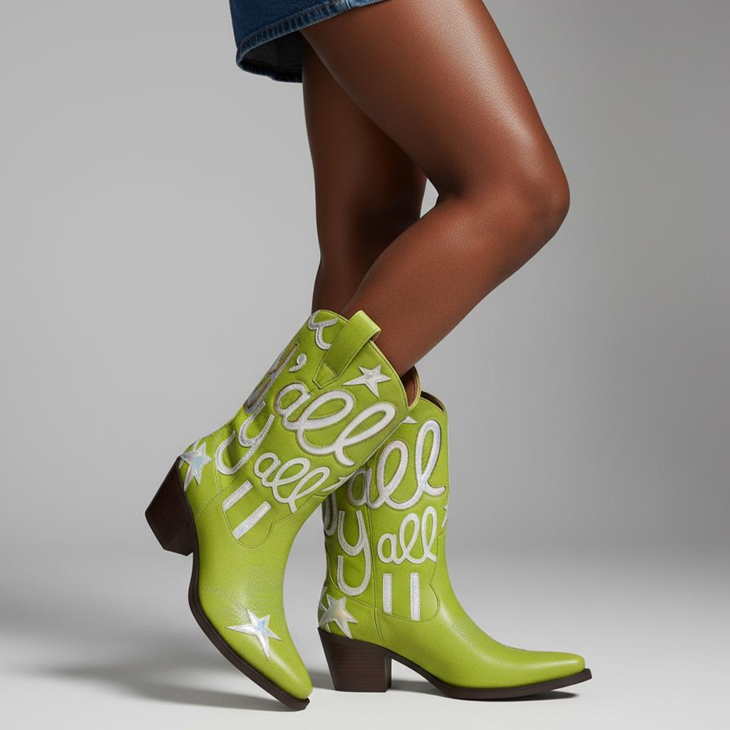 Tuhoomall Comfortable Western Boots for Fashion Parties and Daily Wear with Star and Letter Embroidery, Chunky Heel, Slip-On Design Tuhoomall