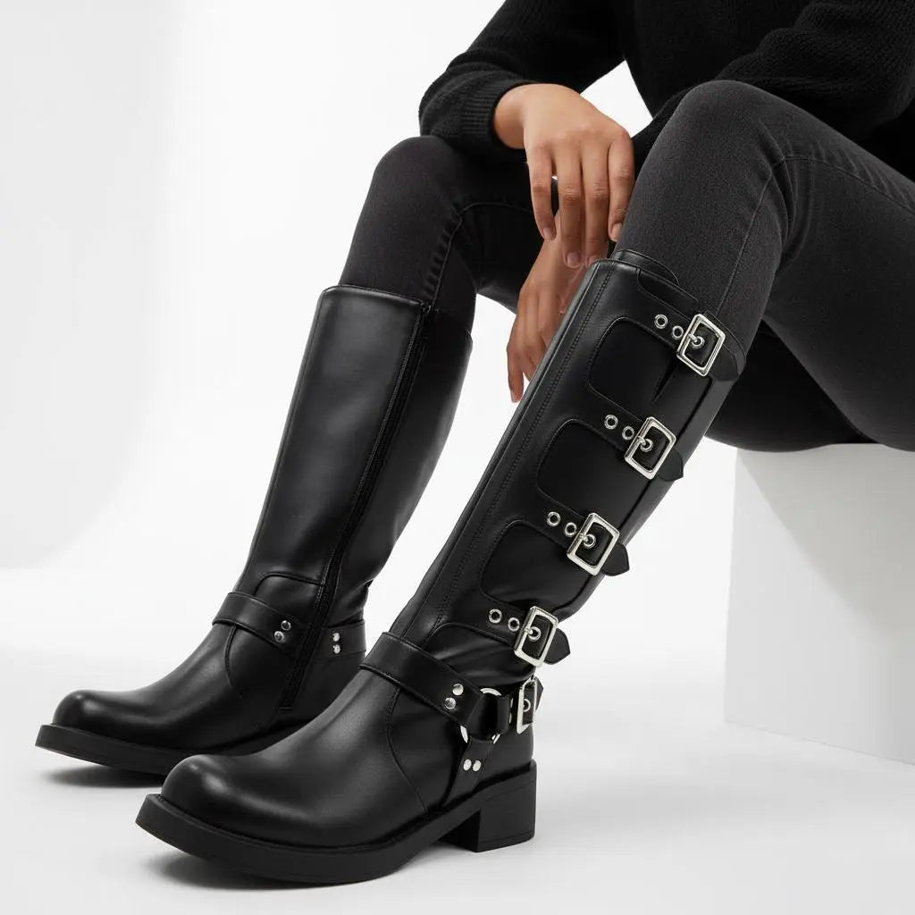 Tuhoomall Vintage Stylish Casual Boots for Women, Comfortable Mid-Calf Square-Toe with Chunky Heel, Adjustable Buckle, All-Season Wear Tuhoomall