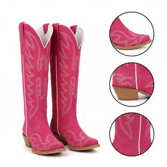 Tuhoomall Western Mid-Calf Boots - Stylish Faux Suede with Embroidered Wings, 2.25" Low Chunky Heel for Casual Party Wear