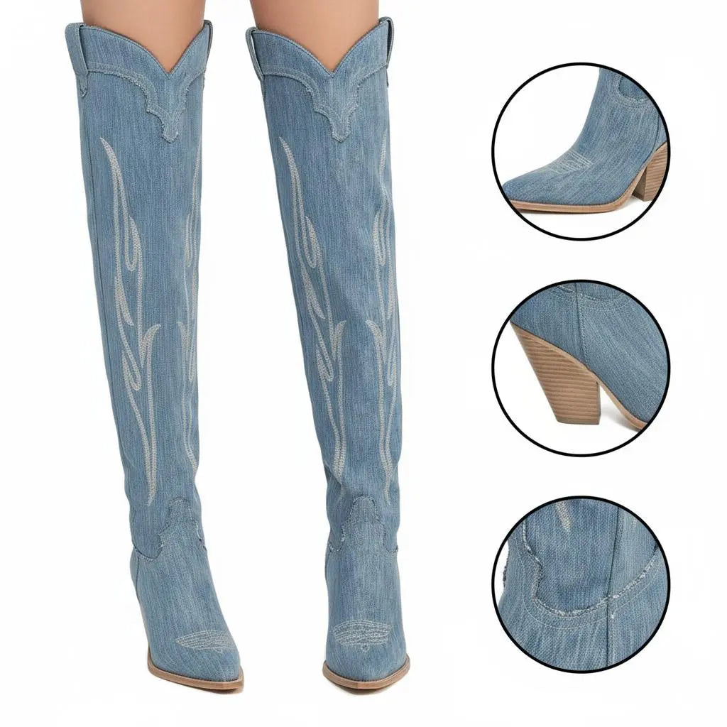 Tuhoomall Vintage Embroidered Knee-High Cowboy Boots for Women, Chunky Heel, Rubber Sole, Faux Suede Lining, Casual Fashion for Spring & Autumn Tuhoomall