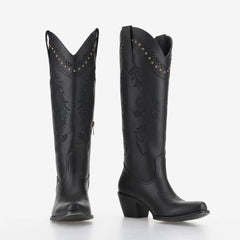 Tuhoomall Western Cowgirl Mid Calf Boots, Floral Embroidery, Chunky Heel, Comfortable Slip-On Style for Casual Fashion