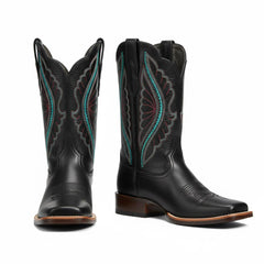 Tuhoomall Western Mid Calf Boots For Women, Chunky Heel, Square Toe, Embroidered Design, Slip-On, Fashion Casual, All Season, Rubber Sole