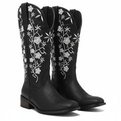 Tuhoomall Comfortable Western Boots for Women - Floral Embroidered Design, Slip-On Style, Outdoor Fashion - Perfect for Everyday Wear