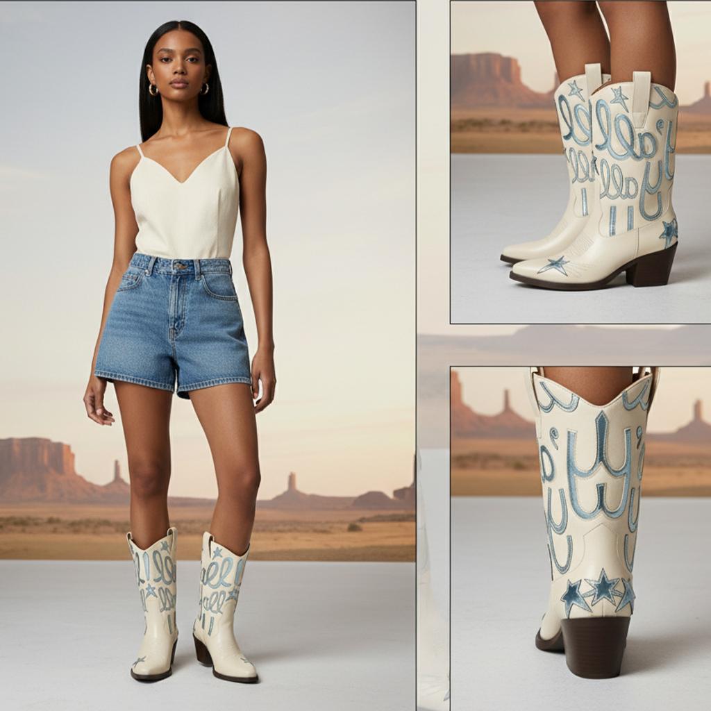 Tuhoomall Comfortable Western Boots for Fashion Parties and Daily Wear with Star and Letter Embroidery, Chunky Heel, Slip-On Design Tuhoomall