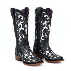 Tuhoomall Mid-Calf Western Boots with Glitter Inlays and Rivets for Casual Parties and Performances