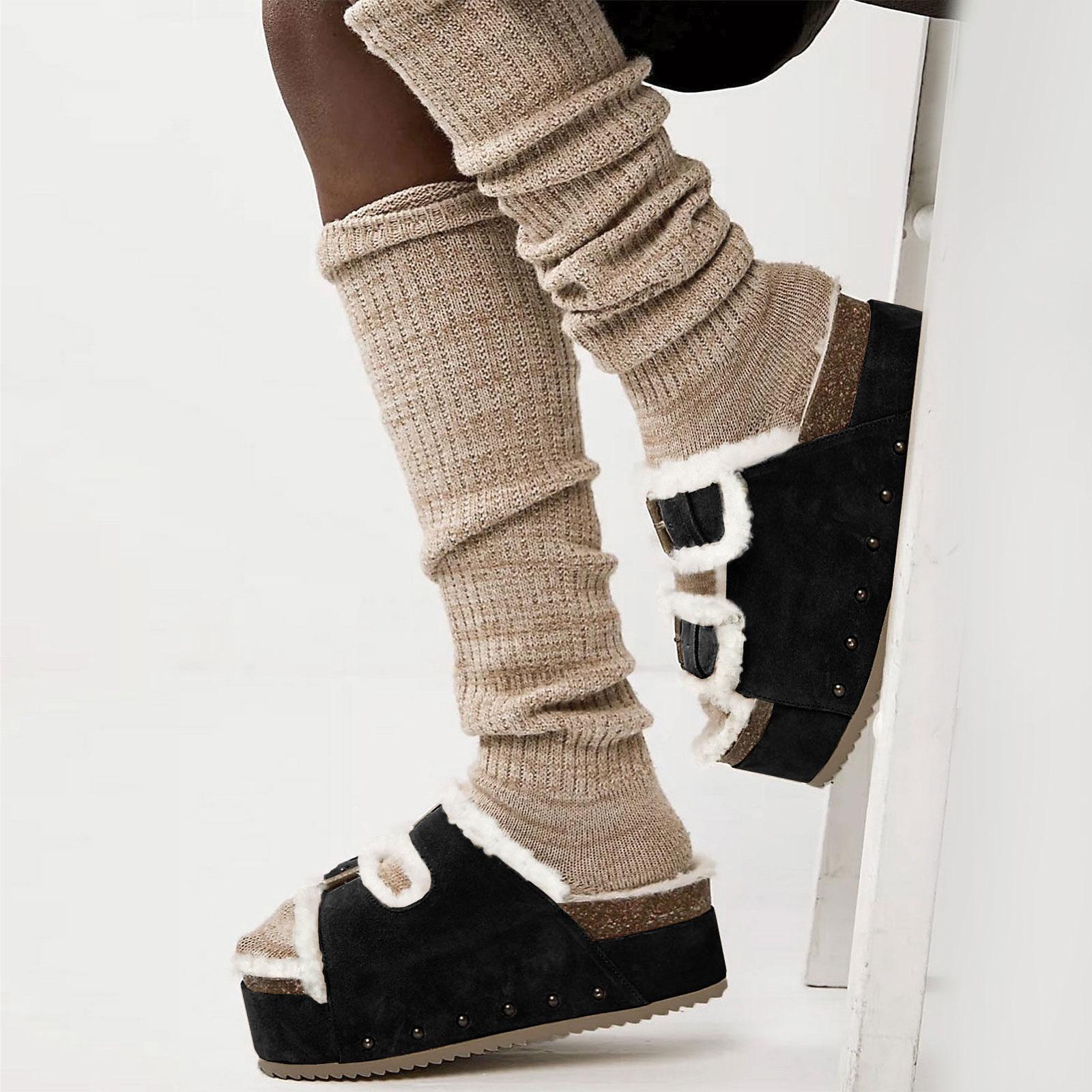 Tuhoomall Blue Faux Suede Fur-Lined Studs Double Buckle Strap Round Platform Cork Sandals Slippers