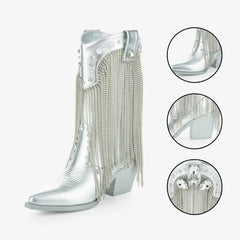 Tuhoomall Chic Pointed Toe Chunky Heel Ankle Boots with Tassels and Sparkling Rhinestones for Parties and Stylish Casual Outings Tuhoomall