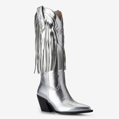 Tuhoomall Western Fringe Pointed Toe Calf Boots with Rubber Sole, Trendy Star Pattern, Perfect for Parties and Travel