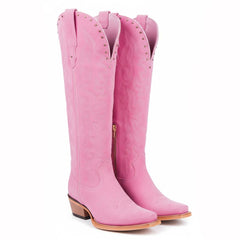 Tuhoomall Western Mid-Calf Boots for Women with Chunky Heel, Zipper Closure, Embroidered Faux Suede and Rivets, Casual Fashion for All Seasons