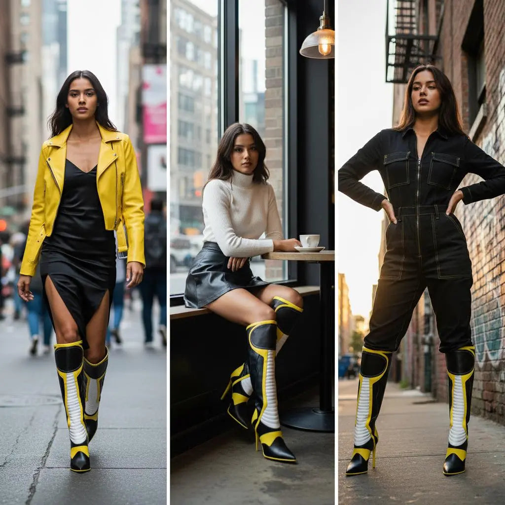 Tuhoomall Knee High Boots, Comfortable Stiletto Heels, Slip-Resistant Design, Stylish Striped Patchwork for Parties and Performances Tuhoomall