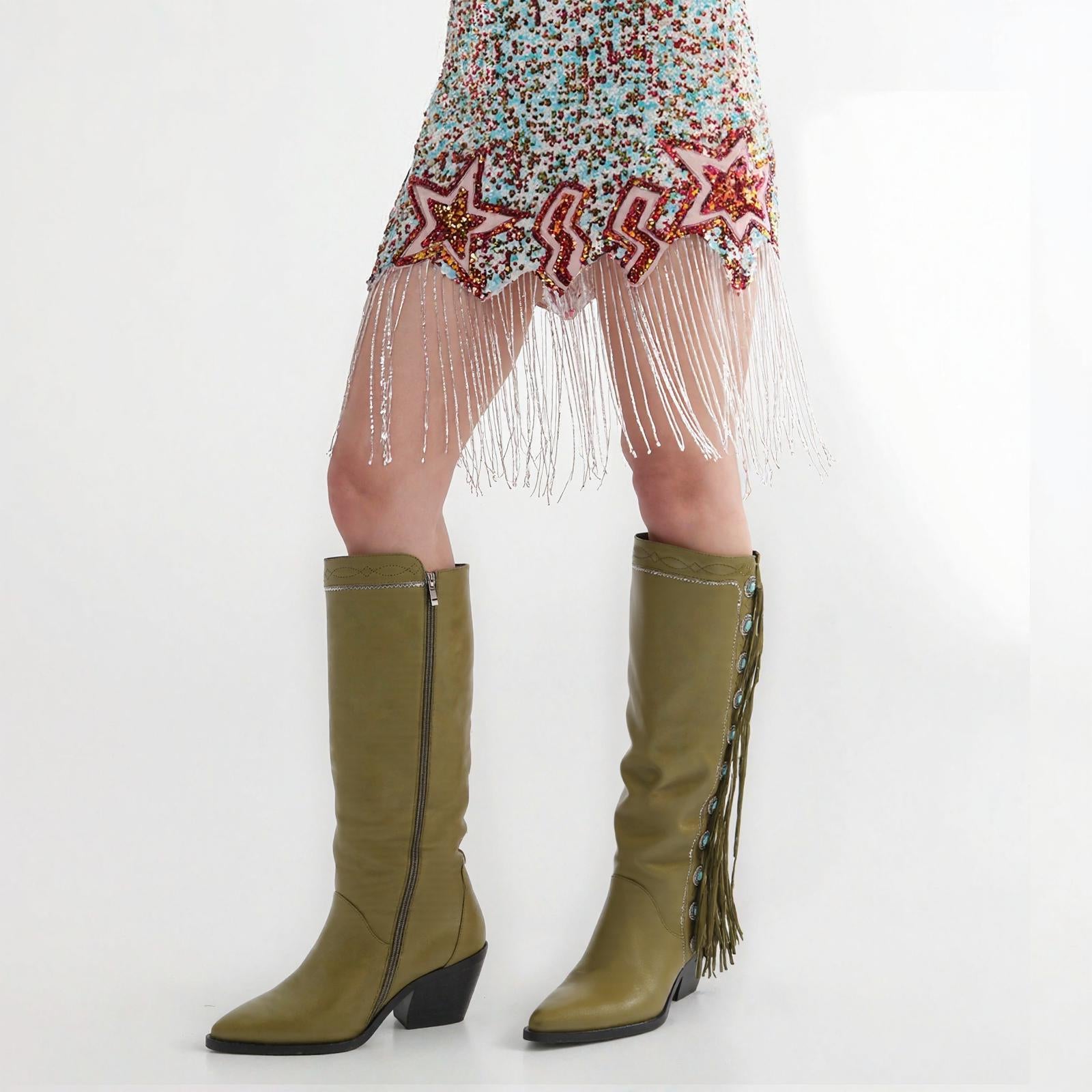 Tuhoomall Western Cowboy Knee-High Boots for Women, Comfortable Suede with Fringe & Metallic Accents, Stylish Block Heel for Outdoor Fashion