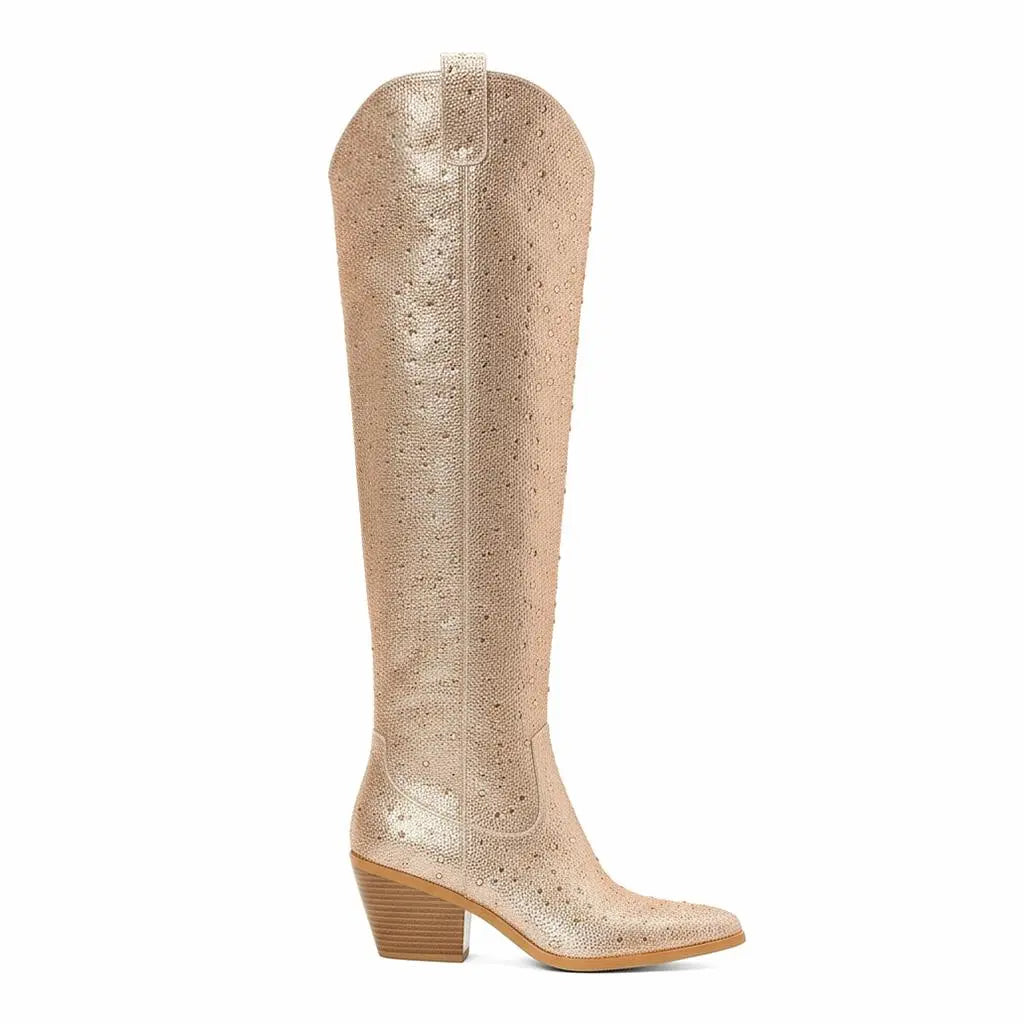 Tuhoomall Western Over-Knee Cowboy Boots With Chunky Heel, Rhinestone-Studded Vegan Leather, Casual All-Season Style, Round Toe, Zipper Closure Tuhoomall