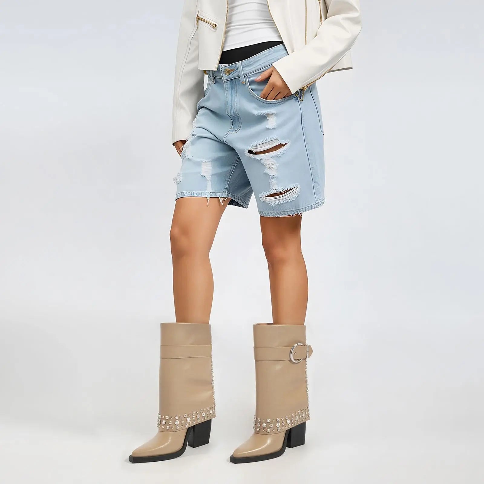 Tuhoomall Studded Ankle Boots for Women, Chunky Heeled, Adjustable Buckle, Versatile for Parties and Casual Wear Tuhoomall