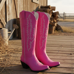 Tuhoomall Fuchsia Western Cowboy Boots With Floral Embroidery, Comfortable Knee-High Style For All Seasons
