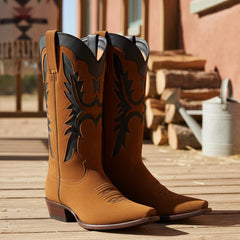 Tuhoomall Western Boots for Women, Low Chunky Heel Mid-Calf Style, Outdoor Fashion, Unique Snip Toe Design with Cut-Outs, All-Season Comfort