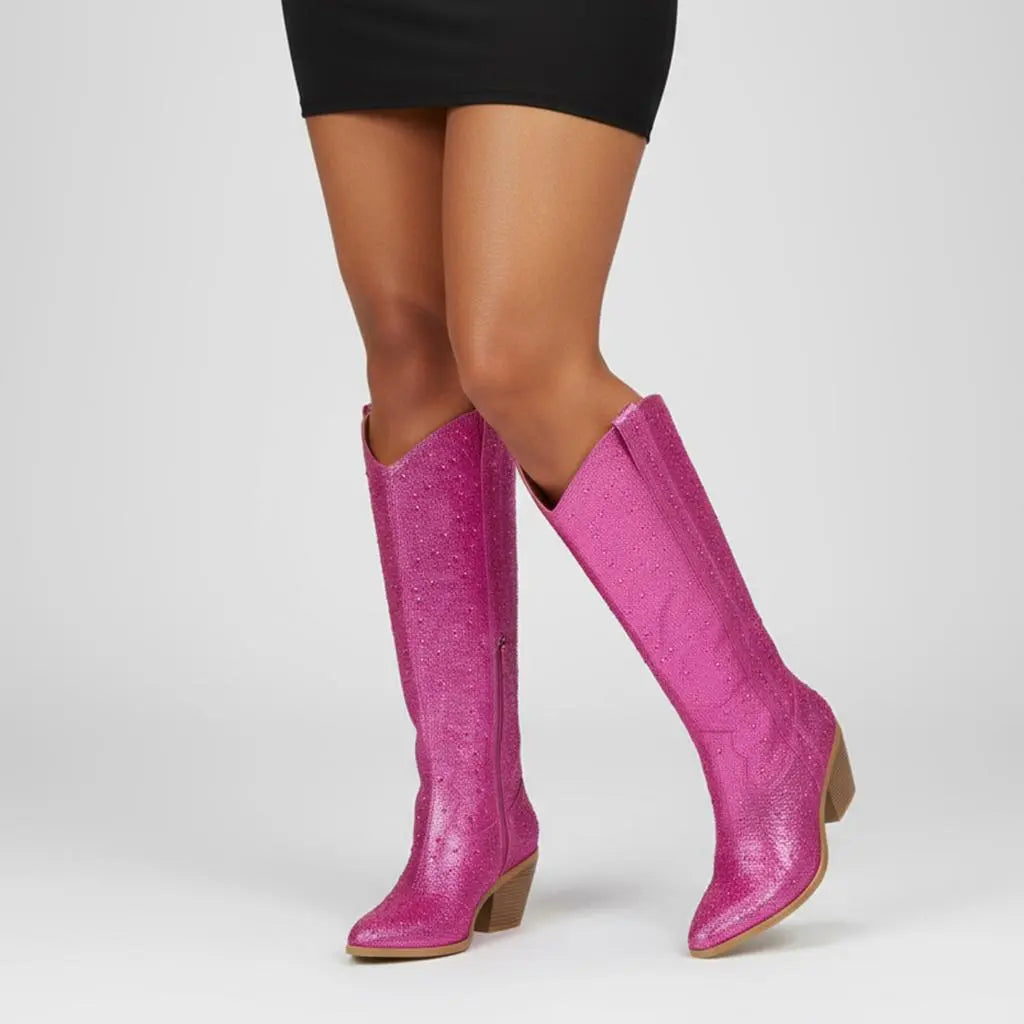 Tuhoomall Rhinestone Western Mid Calf Boots For Women - Chunky Heel & Easy Zip Closure, Stylish For Travel And Weddings Tuhoomall