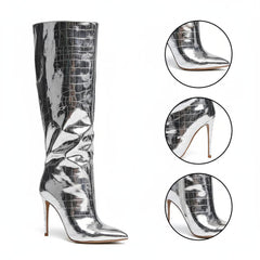 Tuhoomall Shiny Metallic Pointed Toe Mid-Calf Boots for Fashion Forward Performance - Rubber Sole, 3.75 in Heels, Mock-Croc Design, All Season