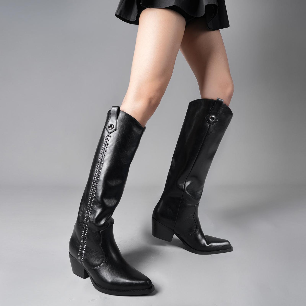 Tuhoomall Western Style Knee-High Fashion Boots with Studded Design, Comfortable Slip-On Chunky Heel for Parties and Casual Wear