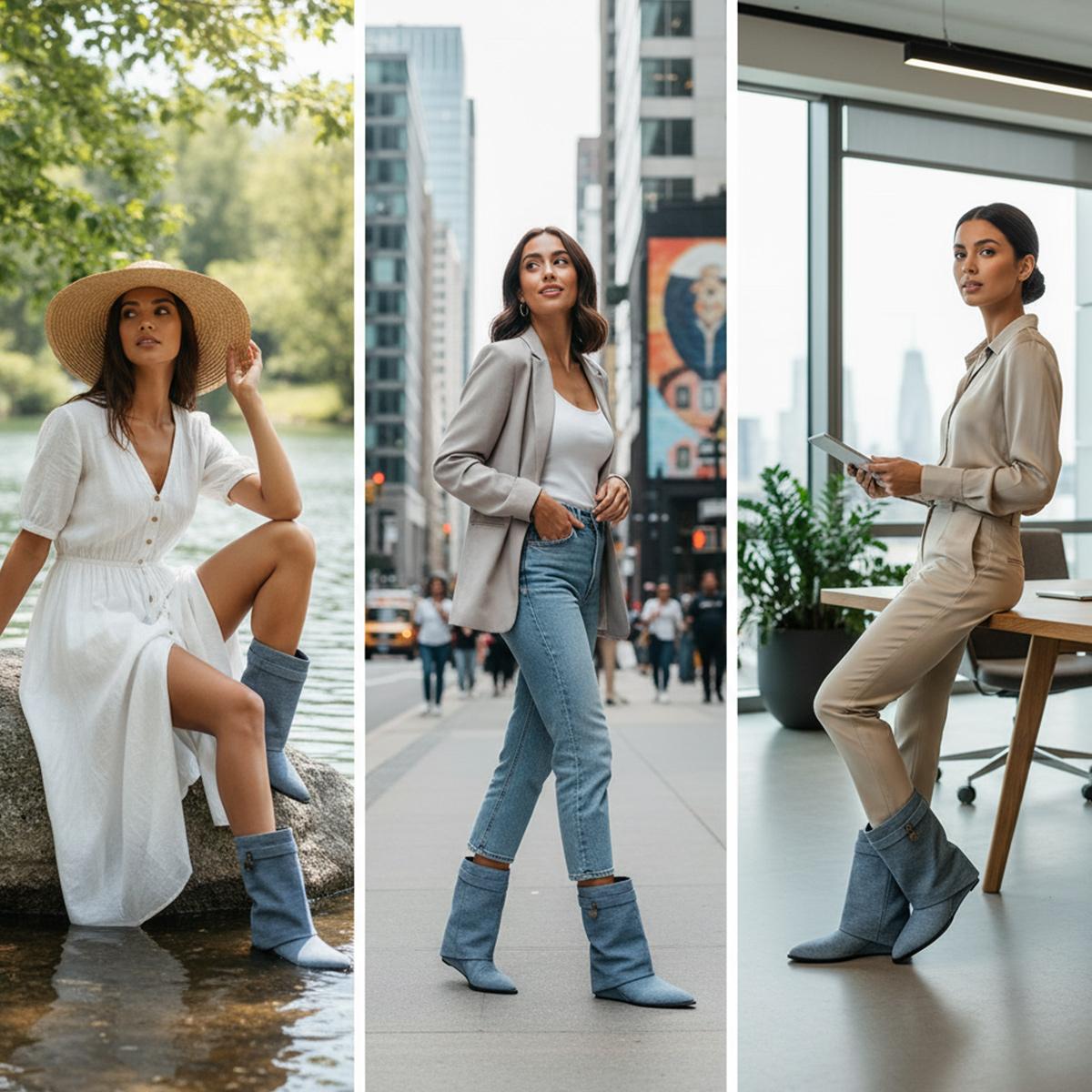 Tuhoomall Pointed Toe Wedge Ankle Boots For Women, Distressed Denim Slip-On Casual Shoes, Vintage Style Mid-Calf Boots For Parties And Daily Wear