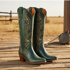 Tuhoomall Comfortable Knee-High Western Boots for Fashion, Travel & Leisure - Floral Embroidery with Studs, Rubber Sole, Slip-On Design, 5cm Chunky Heel