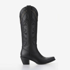 Tuhoomall Western Cowgirl Mid Calf Boots, Floral Embroidery, Chunky Heel, Comfortable Slip-On Style for Casual Fashion