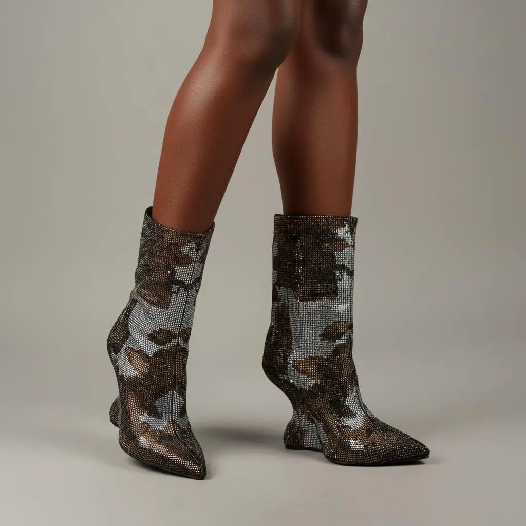 Tuhoomall Wedges Ankle Boots for Parties and Performances with Shimmering Rhinestones and Irregular High Heels Tuhoomall