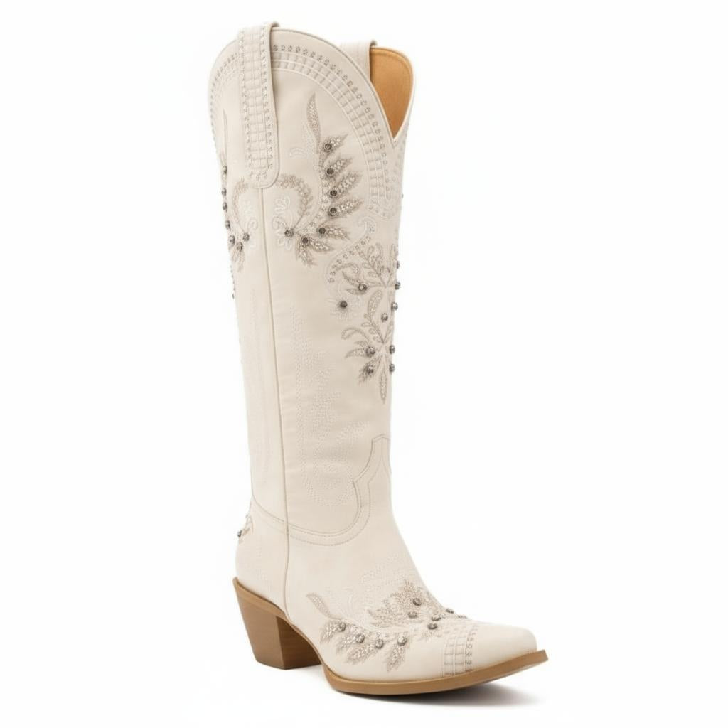 Tuhoomall Western Cowgirl Boots, Slip-On Mid Calf with Chunky Heel, Floral Embroidery for Parties and Casual Wear