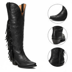 Tuhoomall Western Knee-High Boots with 2-Inch Chunky Heel, Embroidered Vegan Leather, Fringe Detail for Travel and Casual Style