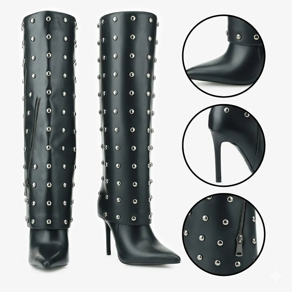 Tuhoomall Knee High Party Boots for Women, Two Piece Design with Studs and Zipper, Stylish High Heel 11.5cm, Perfect for Performances and Special Occasions Tuhoomall
