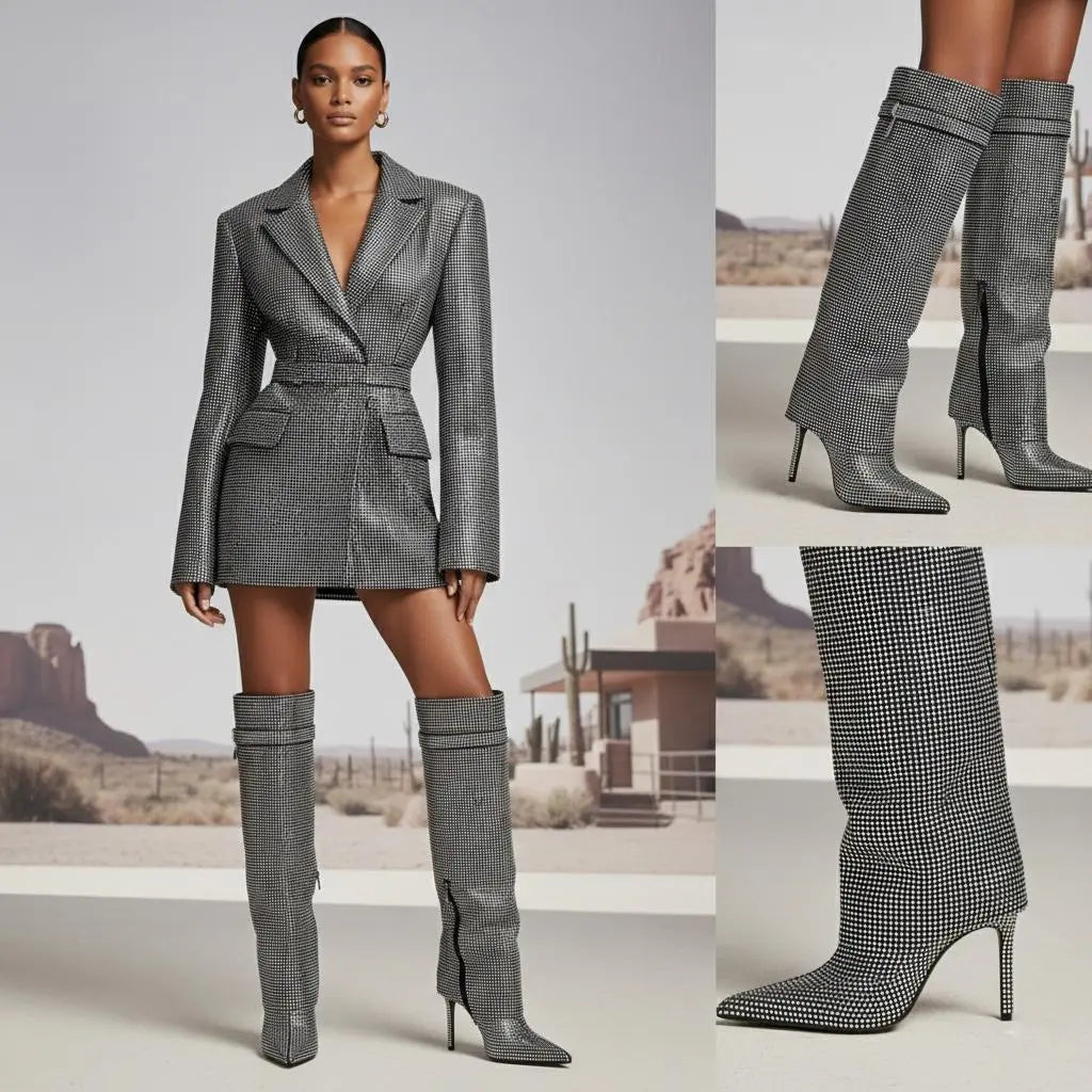 Tuhoomall Western Knee-High Cowboy Boots for Women, Stylish and Outdoor, Glittering Rhinestones and Metal Buckle, 12 cm Stiletto Heel Tuhoomall