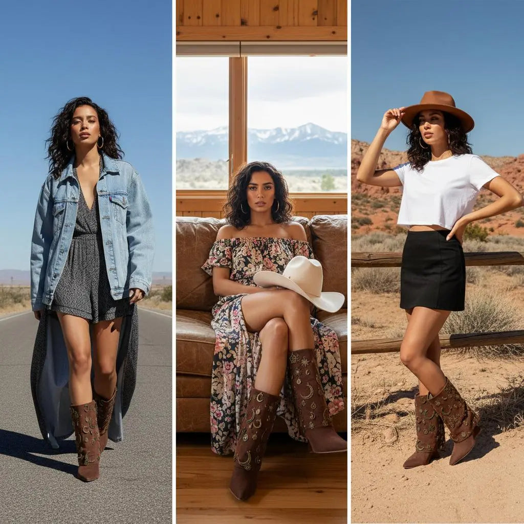 Tuhoomall Western Style Chunky Heeled Ankle Boots with Vintage Metallic Accents for Parties and Events Tuhoomall