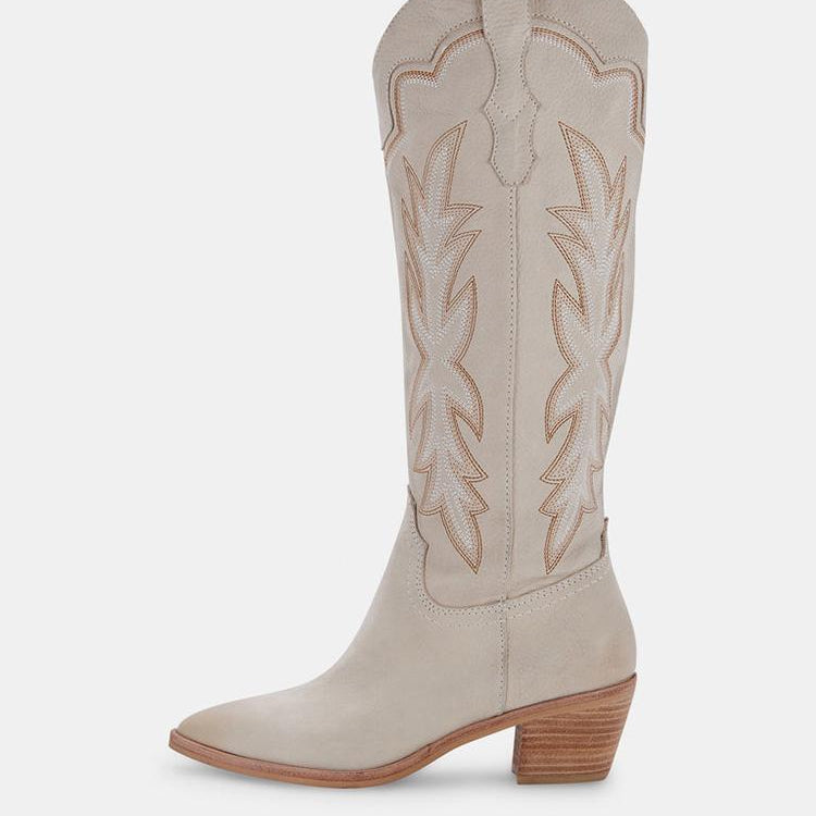 Tuhoomall Embroidered Mid Calf Boots Pointed Toe Zipper Chunky Heeled Western Boots