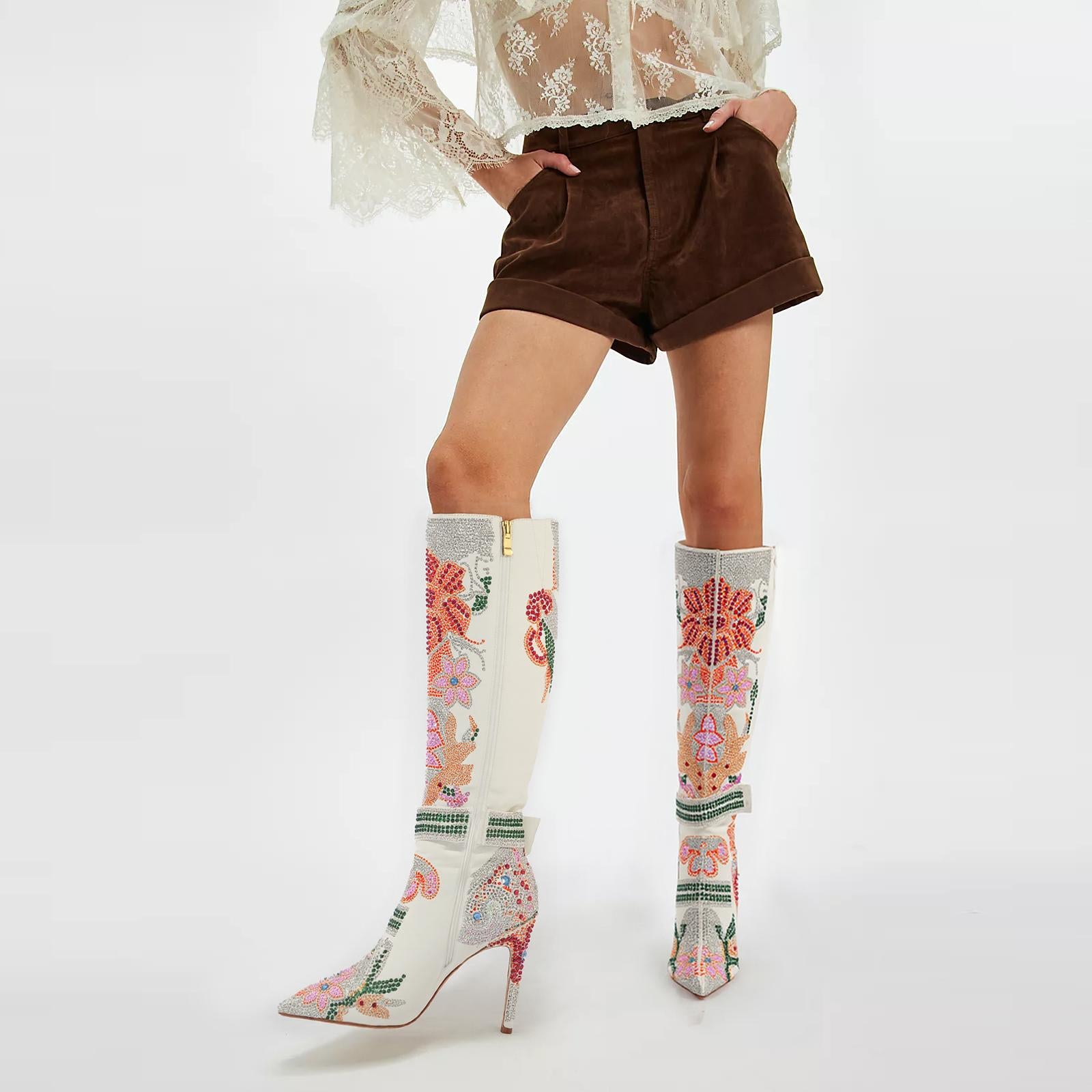 Tuhoomall Knee-High Boots with Floral Rhinestone Accents, Comfortable Chunky Heels for Parties and Performances